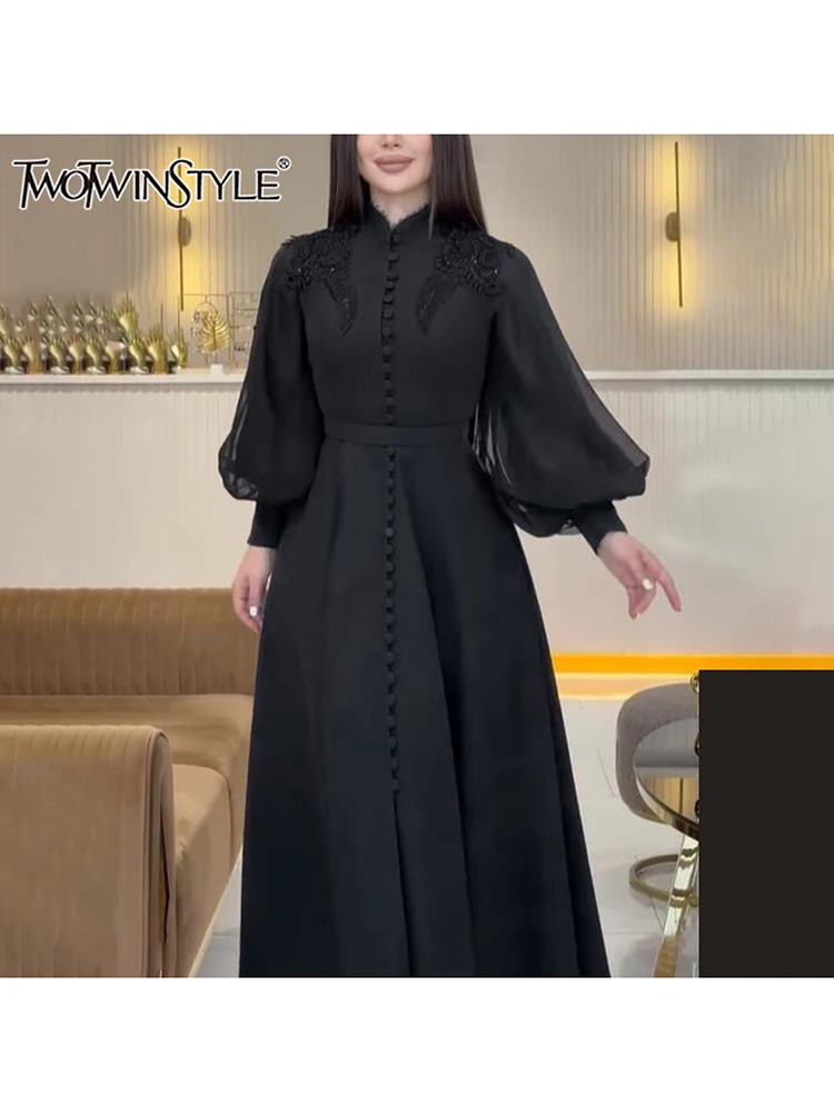 

TWOTWINSTYLE Solid embroidery Elegant Dresses For Women stand collar Long Sleeve High Waist casual midi Dress Female Fashion new