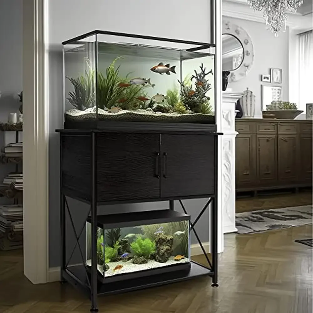 Metal Frame 20-29 Gallon Aquarium Stand with Cabinet Storage Fish Tank 2-in-1 Design Sturdy & Stable Modern Black Appearance