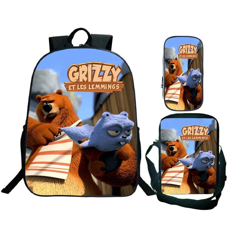 3pcs Set Grizzy And The Lemmings Print Backpack Shoulder Bag Pencil Case Boys Girls Bookbag Nylon Children Backpack Travel Bag