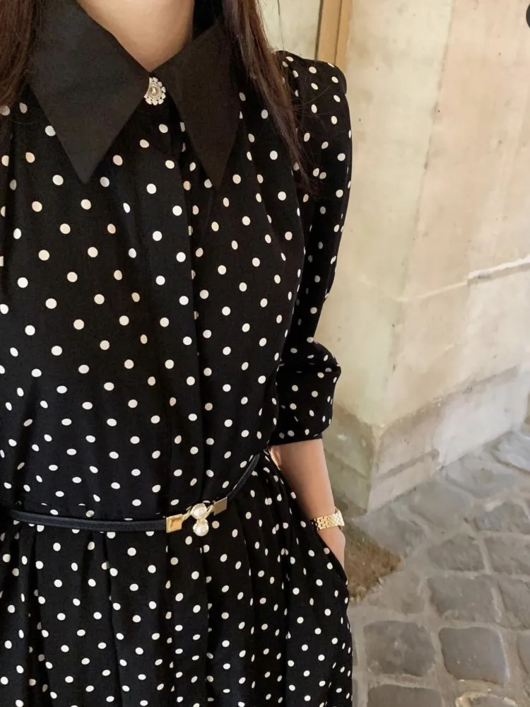 Spring Shirts Midi Dress Women Polka Dot Print Fashion Ladies Dresses Ruffle Pleated Korean Style Loose Long Sleeve Woman Dress