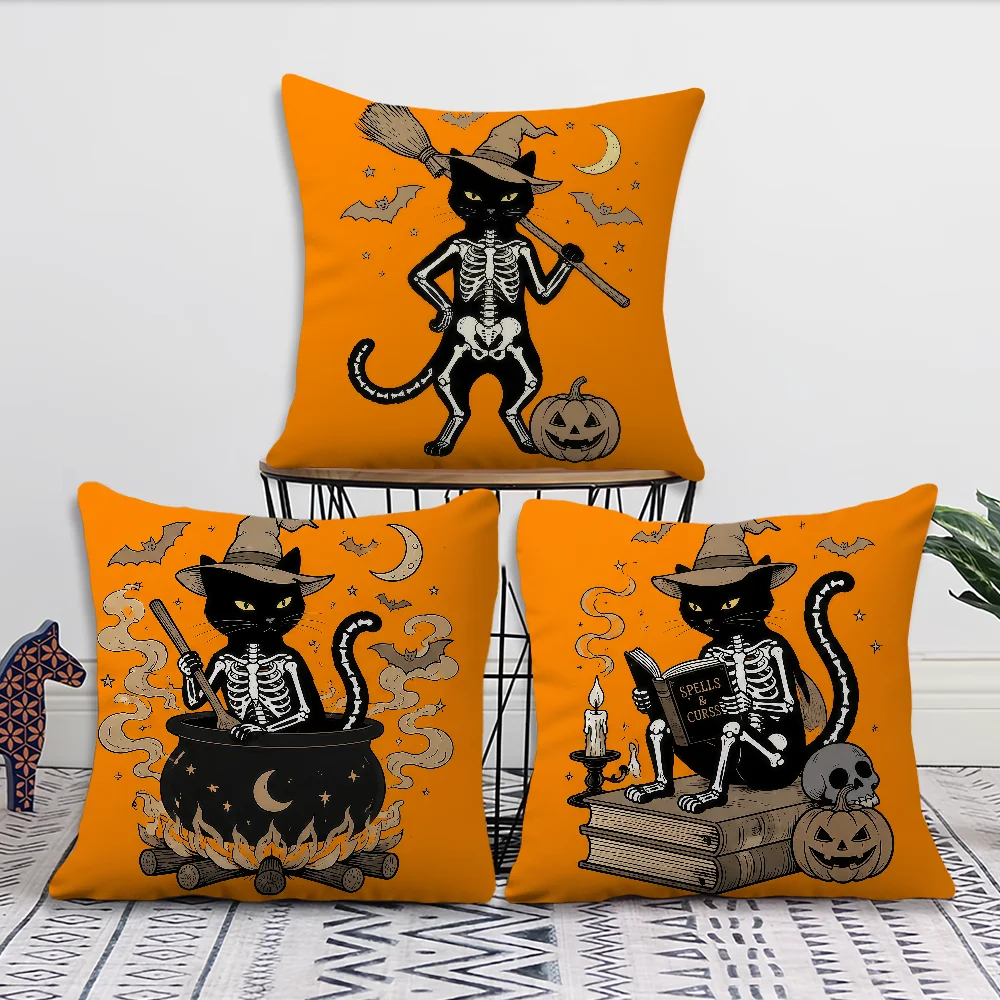 Orange Halloween Black Cat Skull Wizard Cushion Cover For Pillow Printing Sofa Decoration Home Car Shop Office Nordic Simplicity