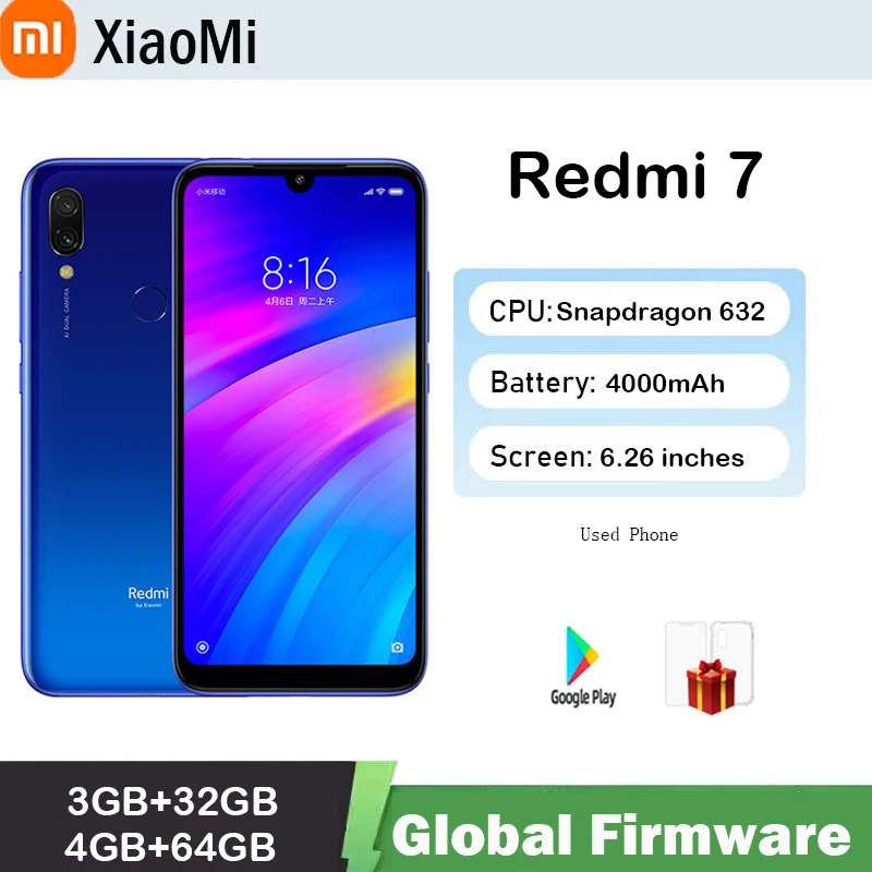 البرامج الثابتة العالمية Xiaomi Redmi 7 الهاتف الذكي ثنائي الشريحة Solt الهاتف المحمول Android e كاميرا مزدوجة الهاتف المستخدم