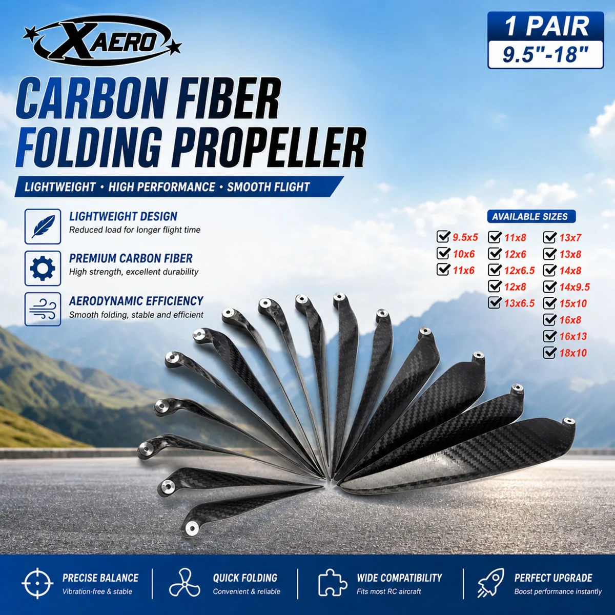 XAERO 1 Pair 9.5-18 Inch Carbon Fiber Twill Folding Propeller Light Weight for RC Airplane High Performance