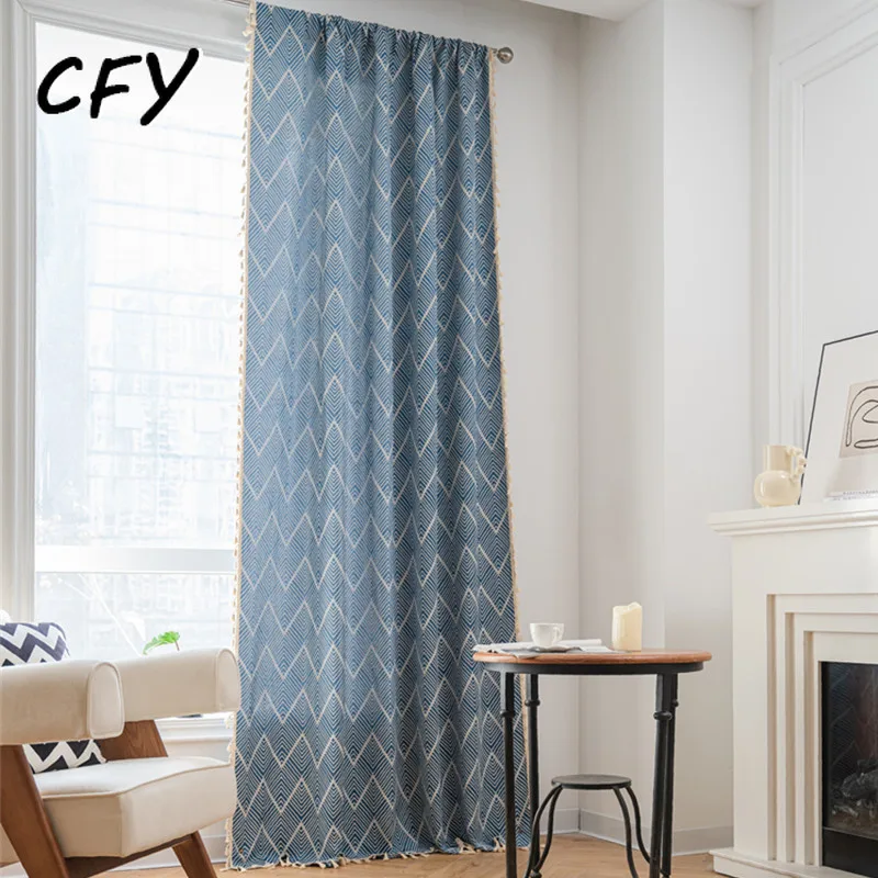 American Rural Retro Jacquard Striped Waves Cotton Linen Blackout Window Curtain  Drapes for Bedroom Curtains in The Living Room