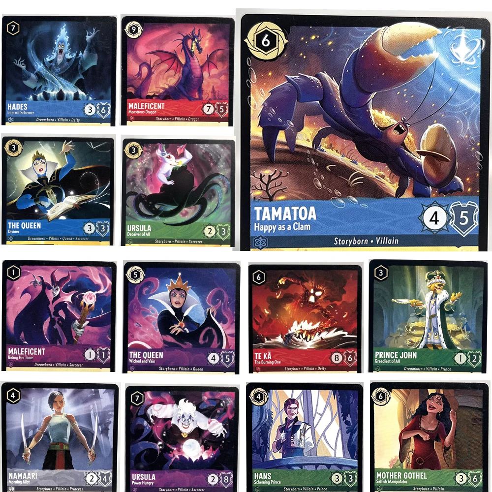 

Карты Lorcana Proxy Games Tam Информация Hans Ursula The Queen Namaari Prince John Maleficent Jafar PTCG Игровые карты Размер 1, злодей