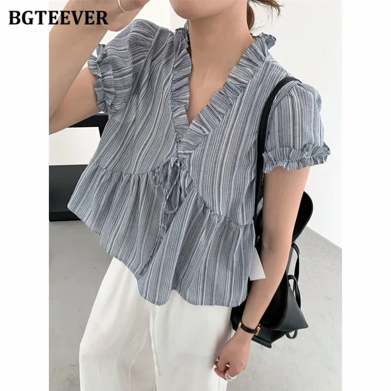 

BGTEEVER Casual Loose Stripes Blouses Shirts for Women Summer Short Sleeve V-neck Lace-up Female Tops