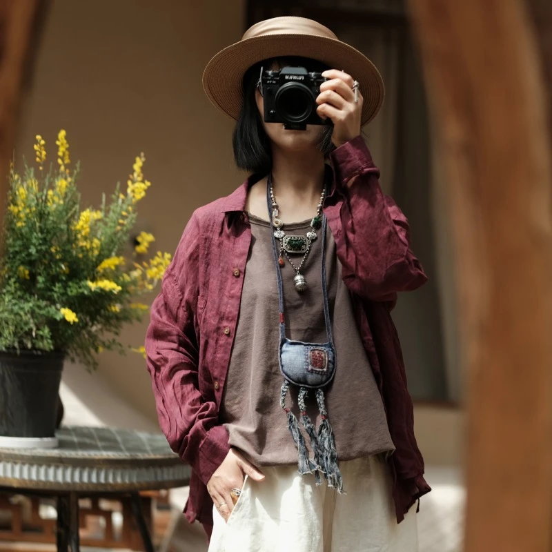

Women Long Sleeve Linen Shirt New 2025 Spring Vintage Style Plain Color Loose Comfortable Female Casual Tops Shirts M1045