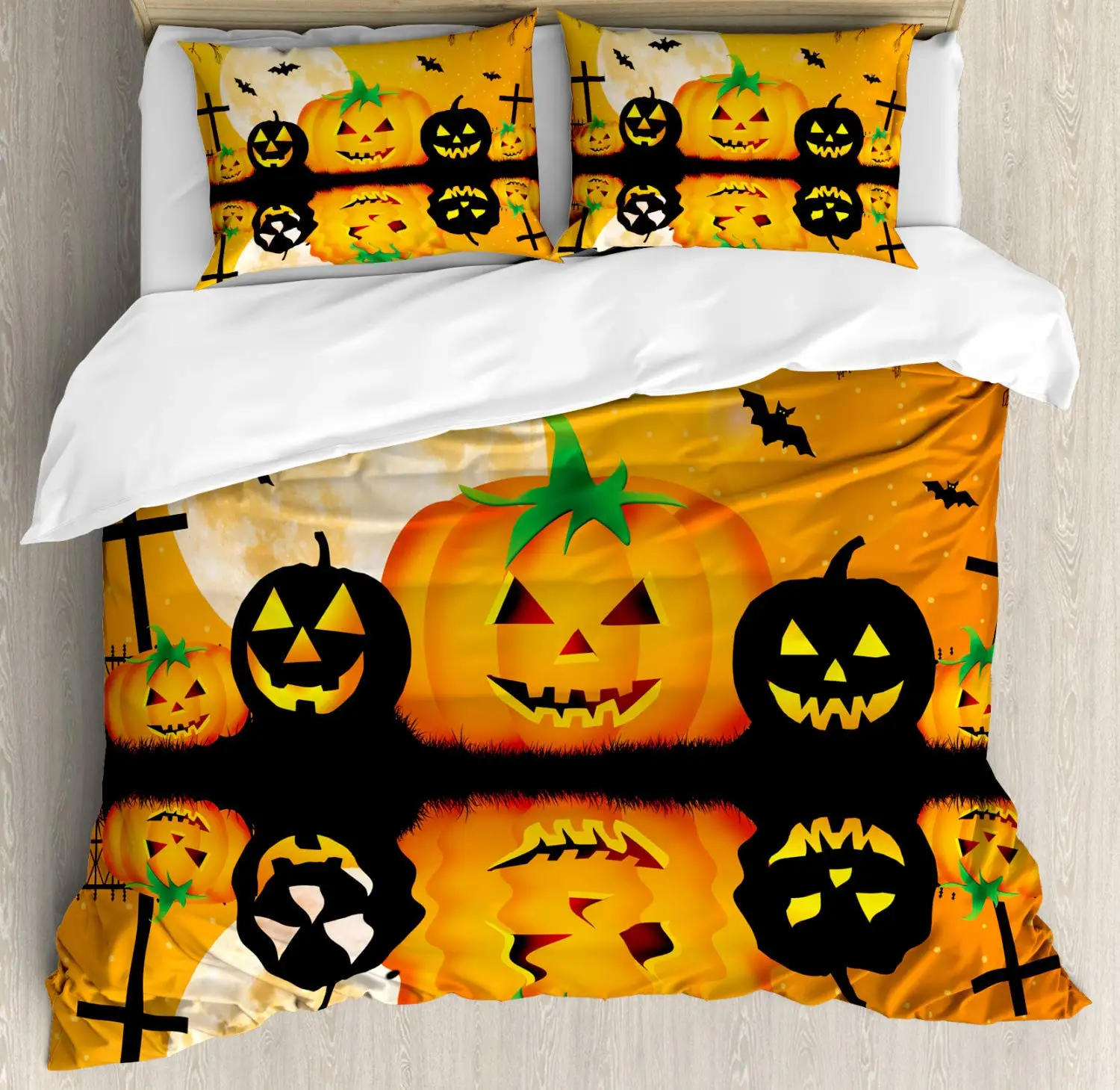 Halloween Duvet Cover Set, Spooky Carved Halloween Pumpkin Lantern Bat Bedding Set Single Twin Full Queen King Comforter Cover