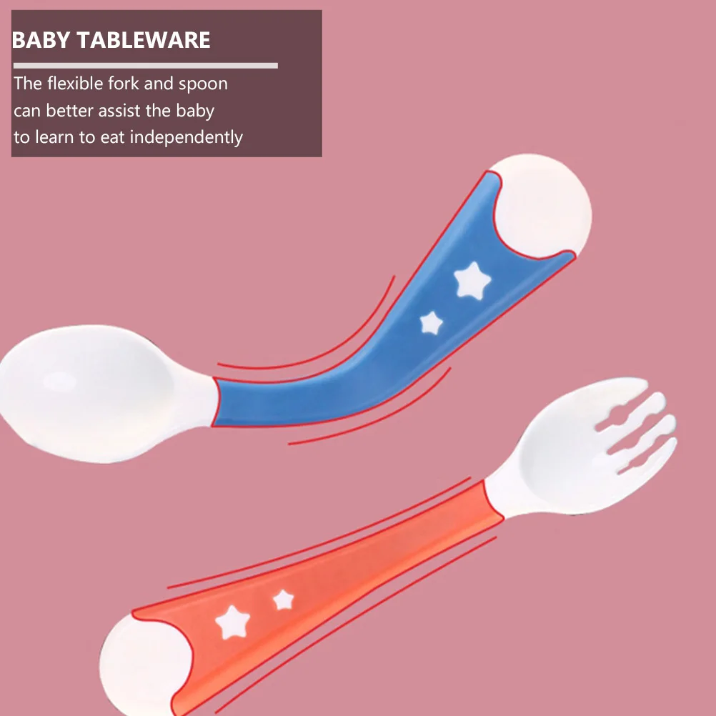 

1 комплект посуды для малышей, набор вилок и ложек из полипропилена, здоровая безопасная зубчатая вилка, круглая ложка для еды с лапшой, мягкая резиновая ручка