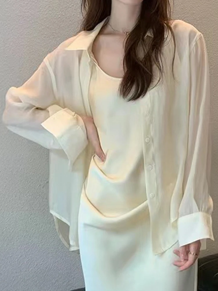 Lazy Women Blouse 2024 Spring Summer Thin See Through Long-sleeved Fake Silk Tencel Shirts Women's Top Elegant Blusa Feminina