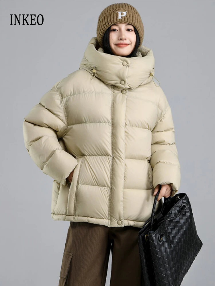 

Зимний пуховик оверсайз с капюшоном 202, женский теплый повседневный пуховик с длинными рукавами, однотонная женская верхняя одежда INKEO DJ513