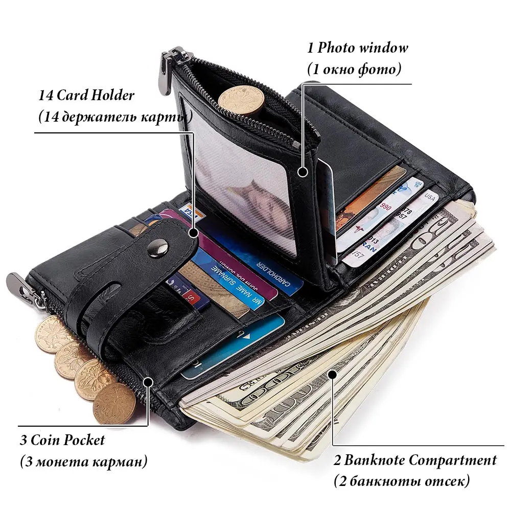 HUMERPAUL Men Bifold Wallet with 2 Bill Comparments Cowhide RFID Male Money Card Holder Purse Short Double Zipper Coin Pockets