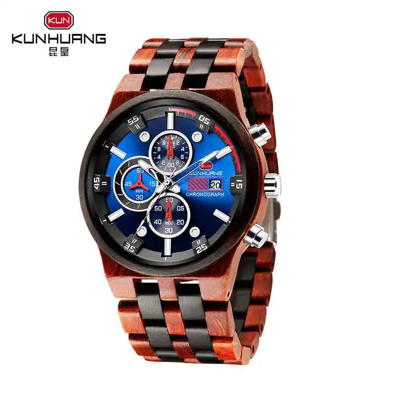 KUNHUANG 1pc Wooden Watch for Men Fashion Men's Quartz Wristwatches Luminous Pointer Date Chronograph Fashion Wood Mens Watches