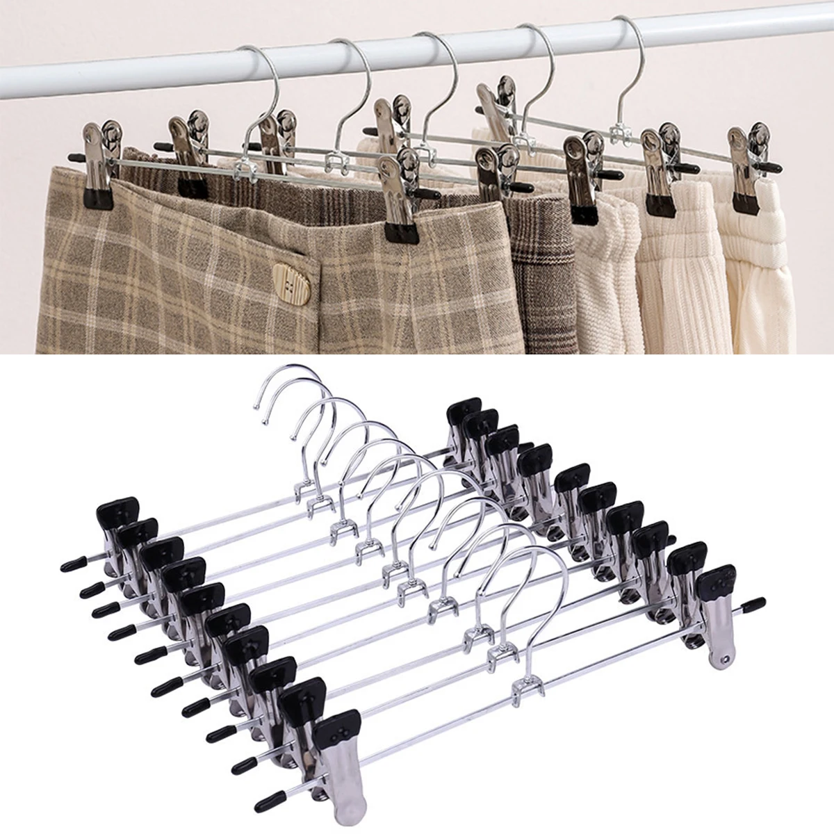 

10pcs Trouser Hangers Pants Organizer Stainless Steel Trousers Clip Metal Anti-Slip Clothespin Wardrobe Clamp Drying Rack Sock