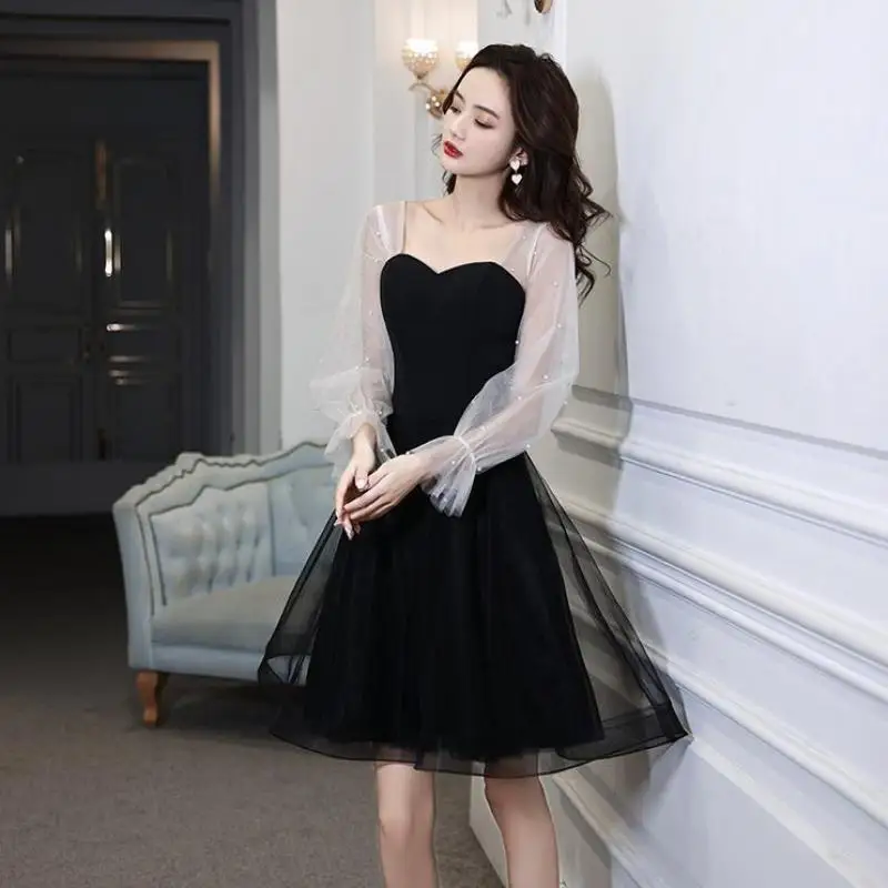

Black Short Evening Dress Illusion Full Sleeves Vestidos De Noche Fiesta Sweet Elegant A-line Tulle Robe De Soiree Custom Made