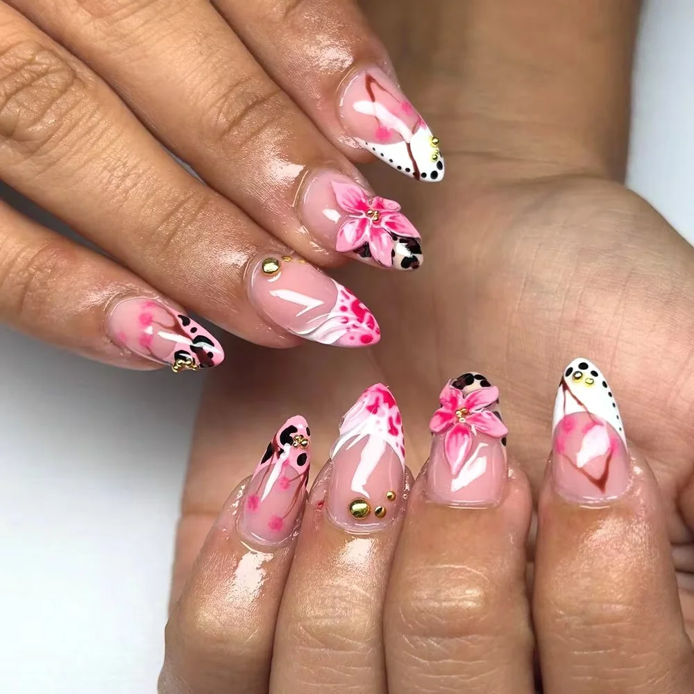 

24pcs Flower Press on Nails Spring Butterfly Flower Stick on Nail Tips Wearable Colorful Long Almond False Nails Art Fake Nail