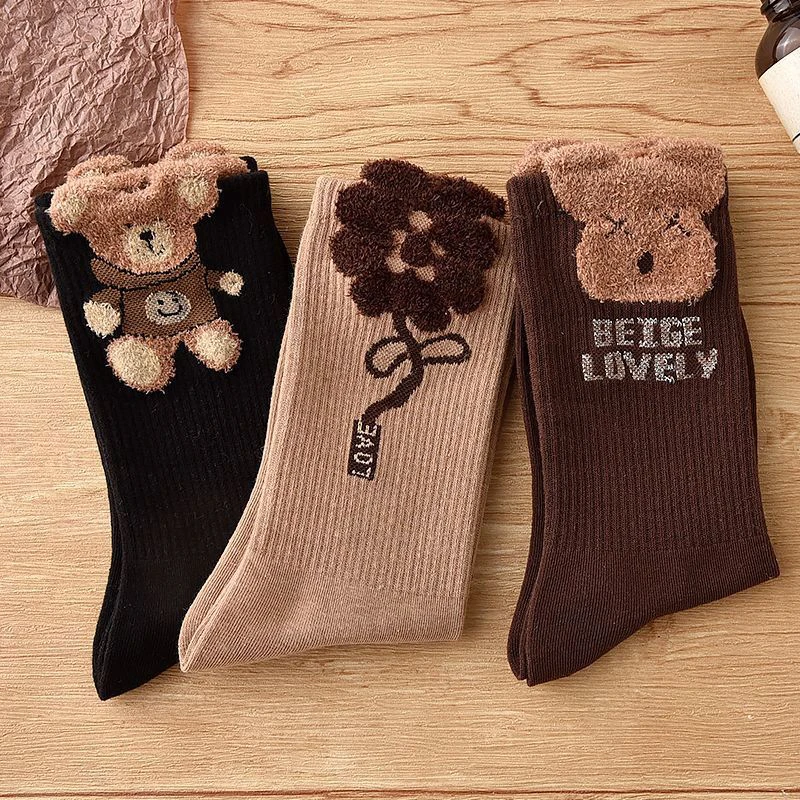 Meias de urso de pelúcia femininas, meias Kawaii fofas, meias lindas estilo coreano para meninas, outono e inverno, 1 par