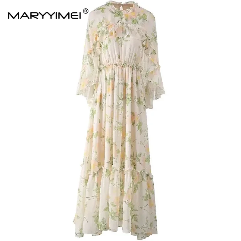 

MARYYIMEI Autumn Women's Pleated Dress Flare Sleeved Flounced Edge Print Elegant Slim and Gentle Style Dresses