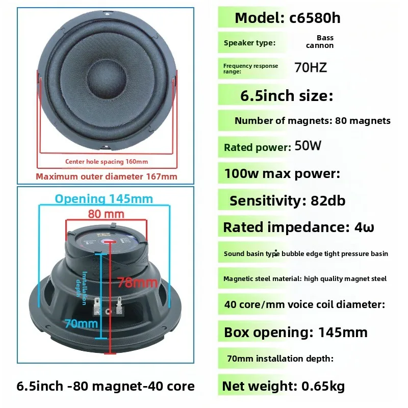 

SOTAMIA 2 шт. 6,5-дюймовый сабвуфер, аудио динамик, 4 Ом, 100 Вт, 80, магнитный, 40-ядерный, Hi-Fi, музыкальный, автомобильный сабвуфер, динамик, домашний кинотеатр