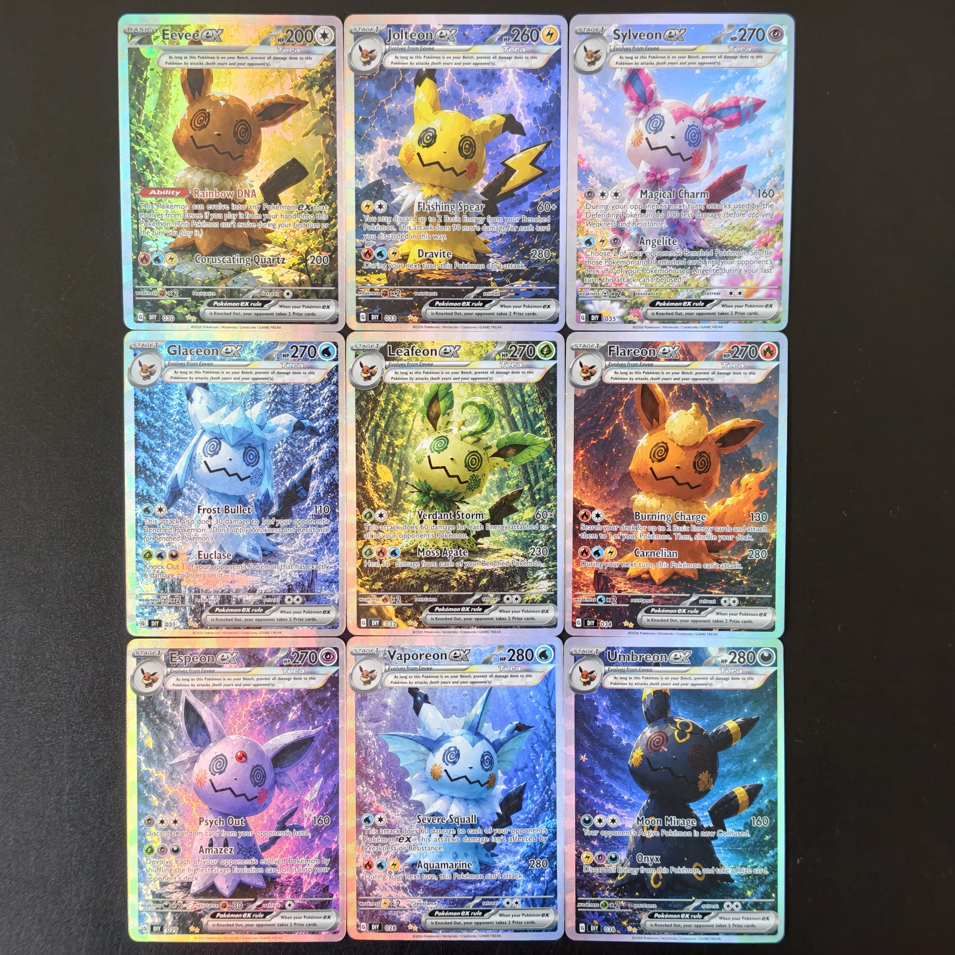9PCS/DIY PKM Card PTCG Eeveelution Mimikyu Cosplay Eevee Jolteon Sylveon Umbreon Leafeon Rainbow Textured Holo Collection Cards