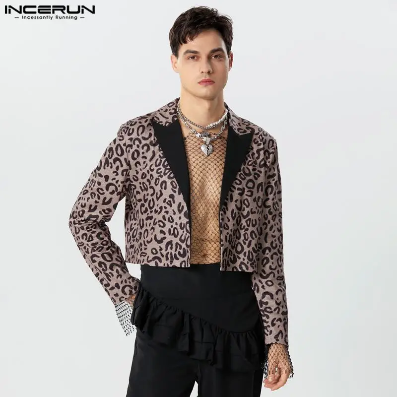 

INCERUN Tops 2023 American Style Sexy Men's Leopard Printing Design Suit Coats Fashion Party Shows Hot Sale Cropped Blazer S-5XL