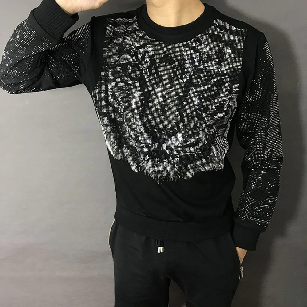 Mens Autumn Winter Fashion Tiger Head Diamond Long-Sleeve T Shirt Nightclub Personality Youth Trend Heavy Industry Top For Men