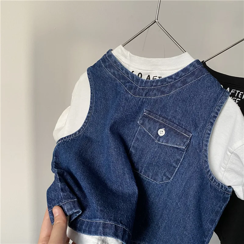 

2025 Boys' and Girls' Summer New Denim Vest Camry Shoulder Sleeveless Fashion Top Casual Pocket Hoodie Korean Edition