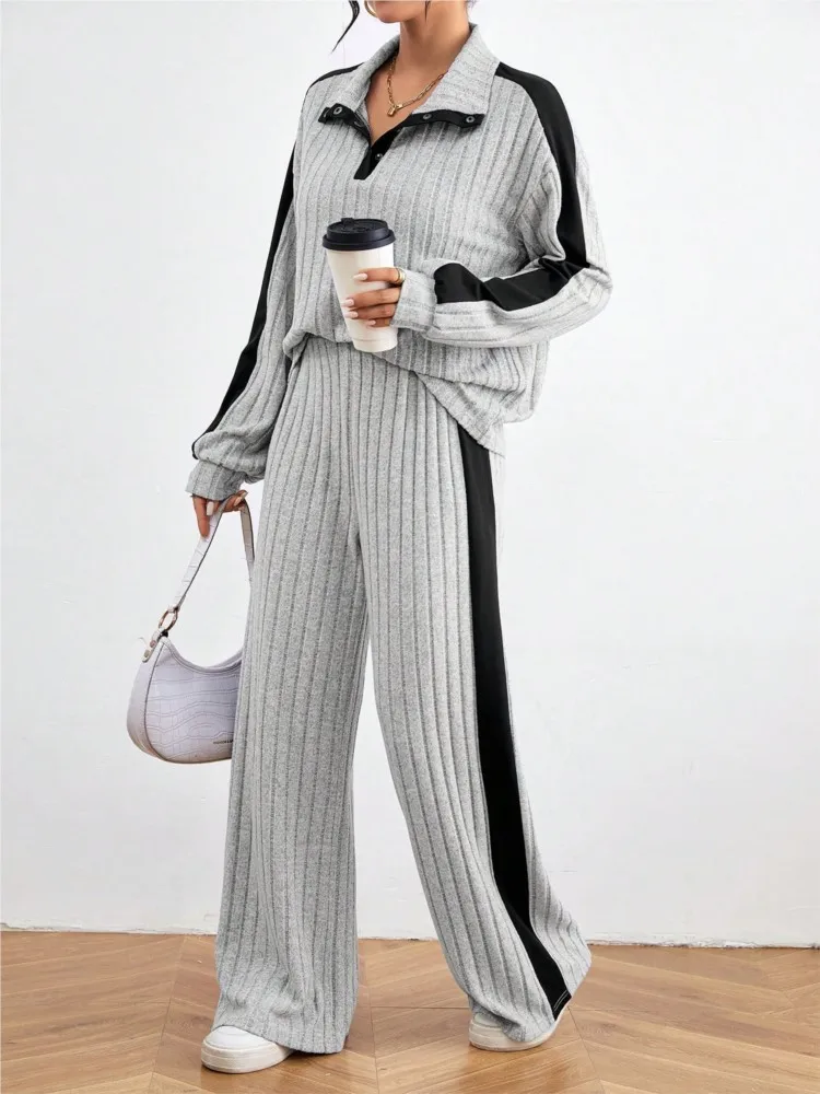 

Women's Ribbed Sportswear Set Fashion Flip Collar Button Top Wide-leg Pants Two-piece Suit Autumn Winter Ladies Loose Outfit