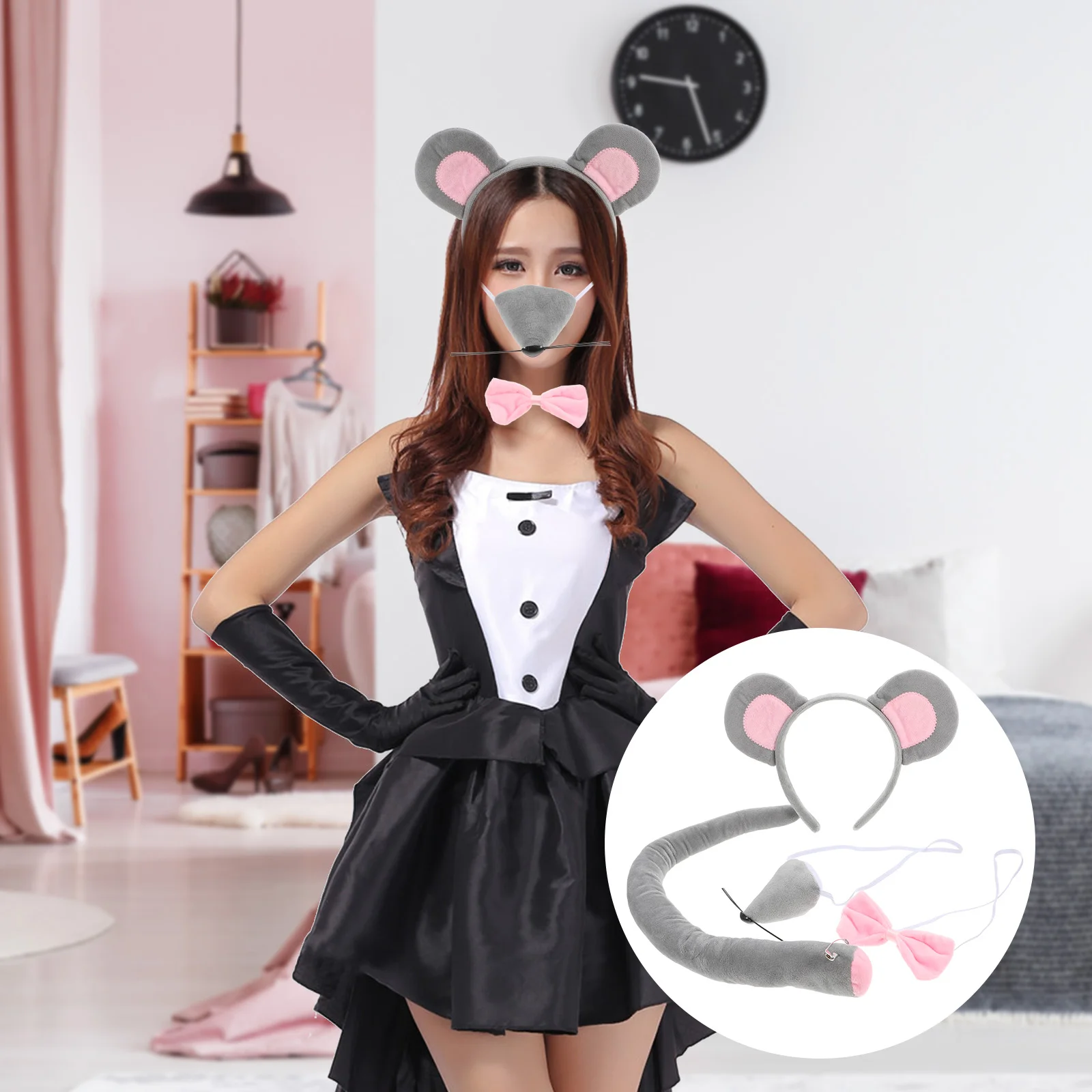 Muiskostuum Set Oren Hoofdband Neus Staart en Vlinderdas Dierenkostuum Kit Feestaccessoires voor Kid Halloween Kerst Cosplay