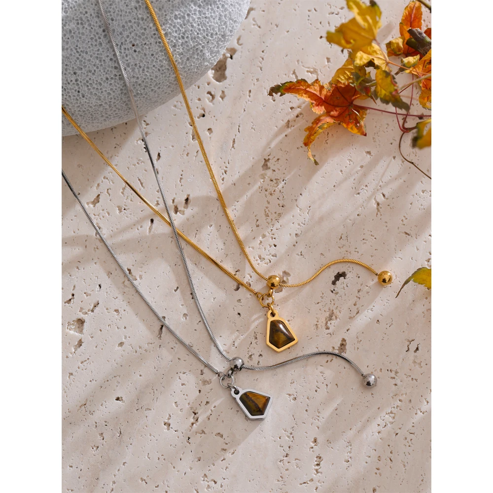 Yhpup Arrivals Natural Tiger Stone Removable Chain Necklace Pendant 18K PVD Plated Stainless Steel Attractive Quality Jewelry