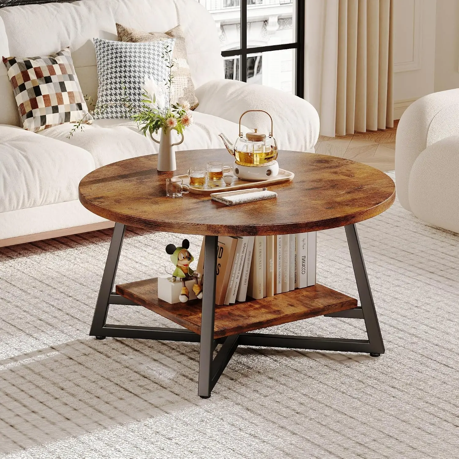 Round Coffee Table, Modern Circle Accent Center Table, Living Room Storage Organizer Rack, Compact Home Office Furniture, Sturdy Wooden Structure, Easy Assembly, Rustic Brown, 1 Piece