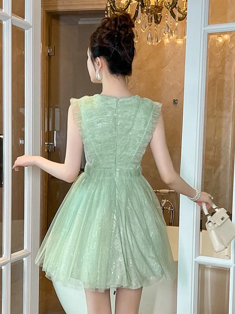 Vestido de fiesta francés elegante para mujer, vestido de baile verde transparente de encaje corto, hermoso