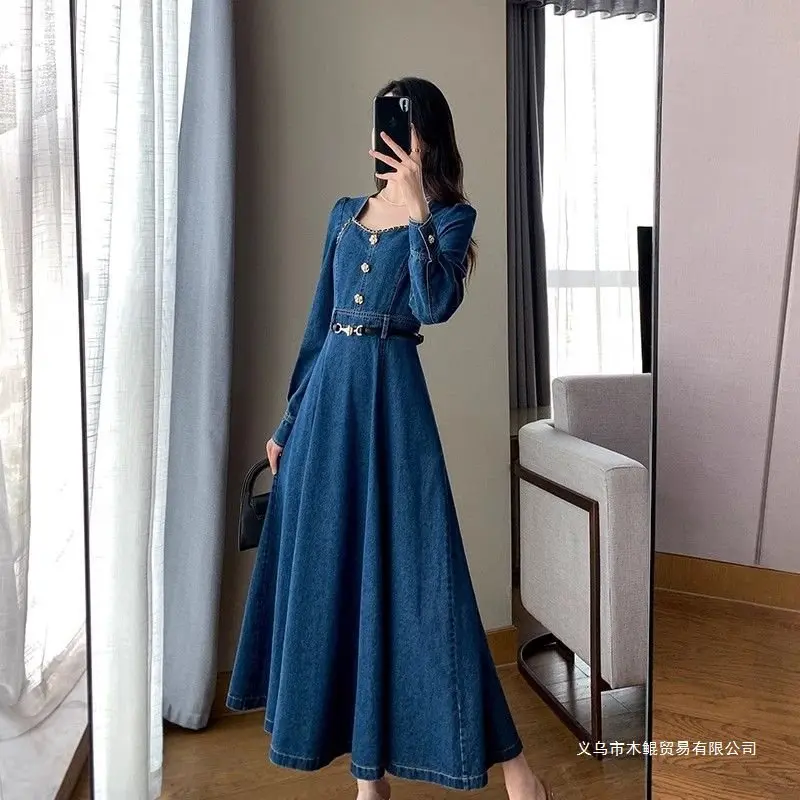 

Autumn Women'S New French Style Square Neck Long Sleeve Vintage Dress High Waist Slimming Long Dress Women
