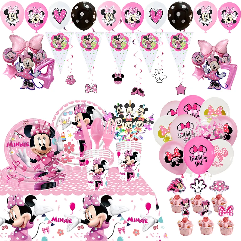 Disney Minnie Mouse Decoration Minnie Mouse Birthday Party Tableware Balloon Cup Plate Banner tablecloth Background Kid Supplies