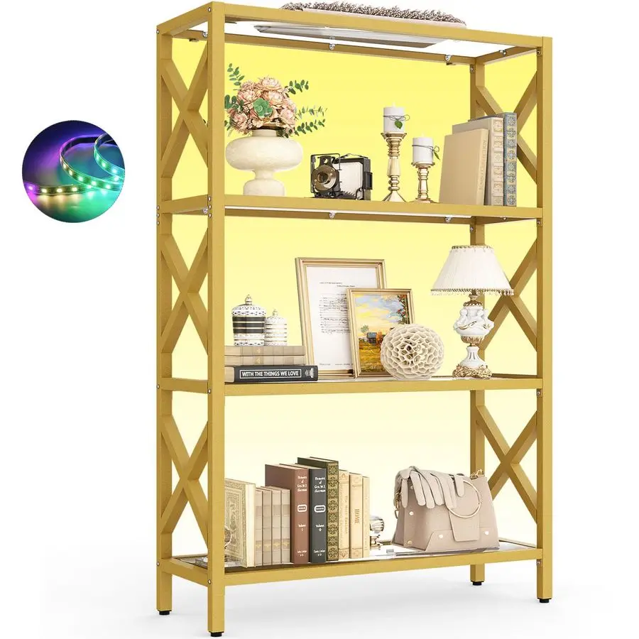 

Bookshelf Bookcase 4 Tier with Tempered Glass Shelf, Gold Display Shelf with Led Light for Collectibles, Heavy Duty Metal Frame