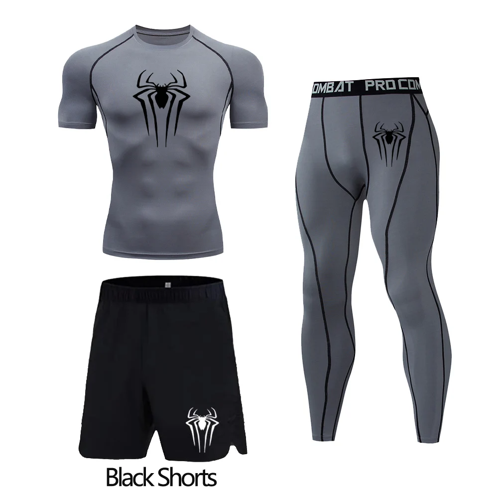 Super/hero Spider Men\'s Compression Sportswear Set Fitness Suit Leggings Gym Shorts Rash Guard Kits Quick Dry Shirt Shorts Pants