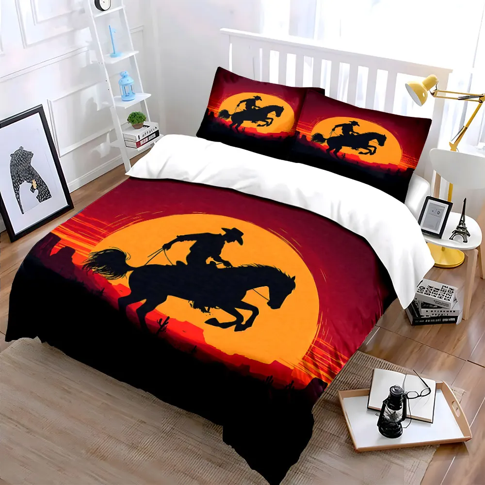 Cowboy silhouette horseback sunset Bedding Set for Kids Luxury Gift 3pcs Digital Print Comforter Set Soft Comfortable Breathable