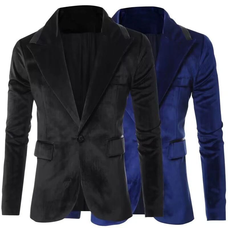 (Only Coat) 6XL Black/Blue Velvet Men\'s Suit Blazer Prom Tuxedos Peak Lapel Single Breasted One Button Jacket Bussiness/Wedding