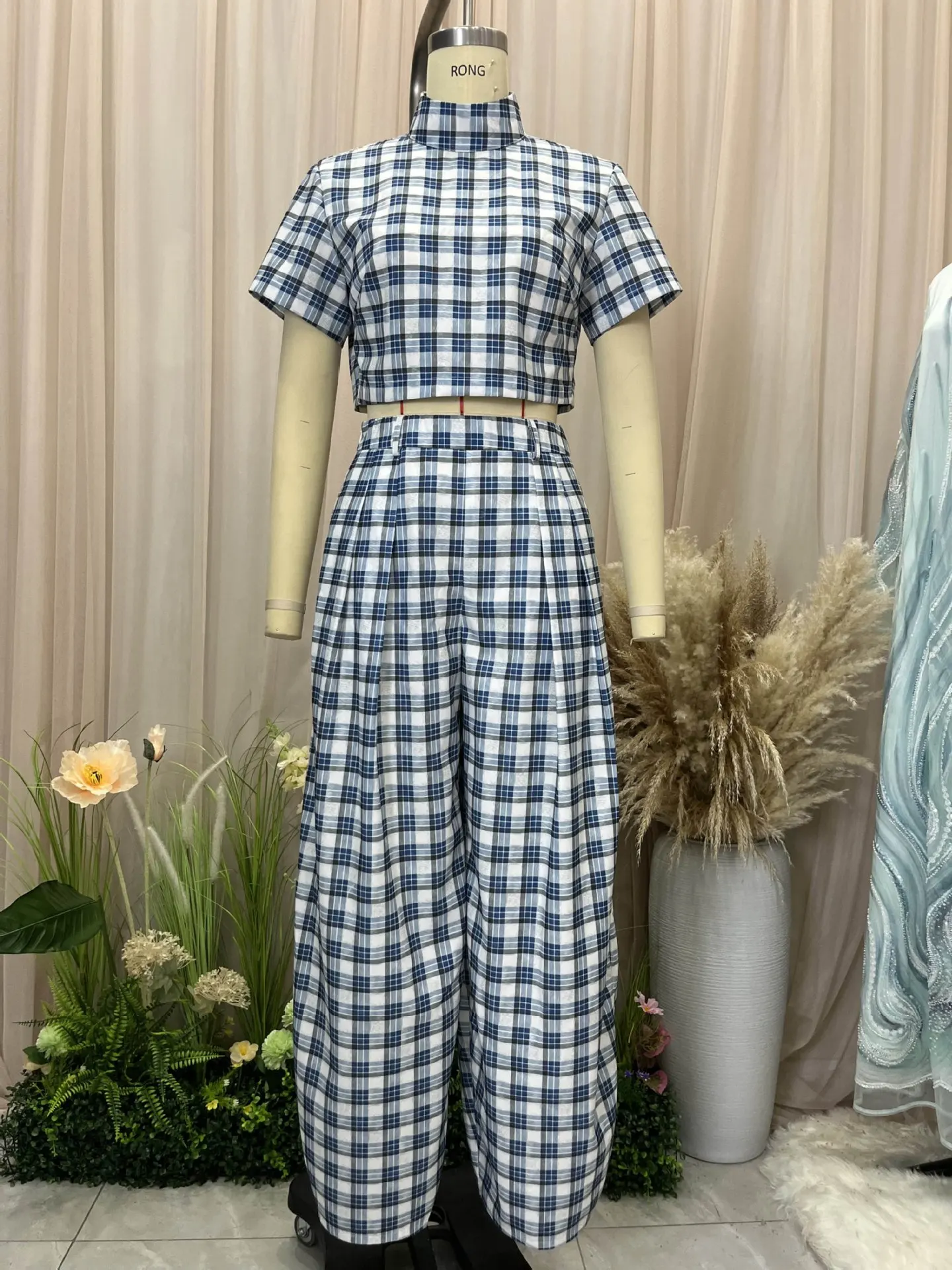 2 pieces women sets 2026 new featuring blue white plaid high-neck short top+high-waisted wide-leg pants suits women's clothing