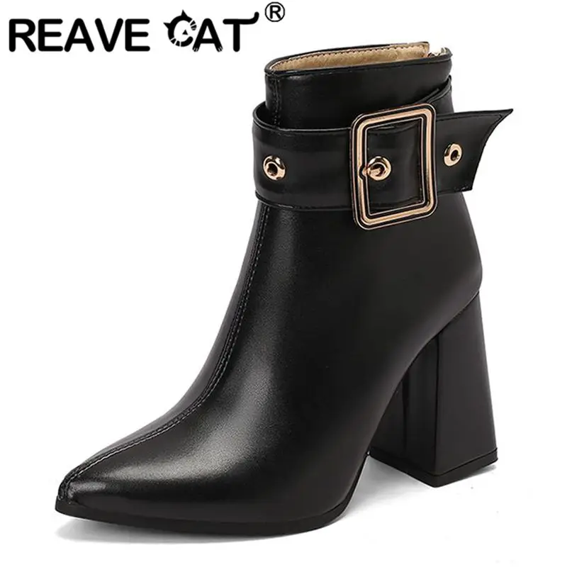 REAVE القط الناضجة النساء حذاء من الجلد أشار تو 9.5 سنتيمتر كعب عالي مكتنز سستة حزام مشبك مكتب سيدة بوتا حجم كبير 48 49 50
