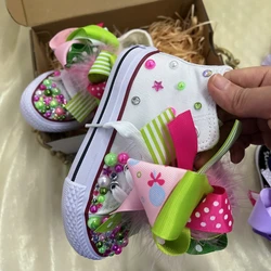 Handmade Rhinestones Bling Girls Womens Kids And Mother Candy Canvas Shoes Pearls Sneakers For Girl Birthday Party Wedding