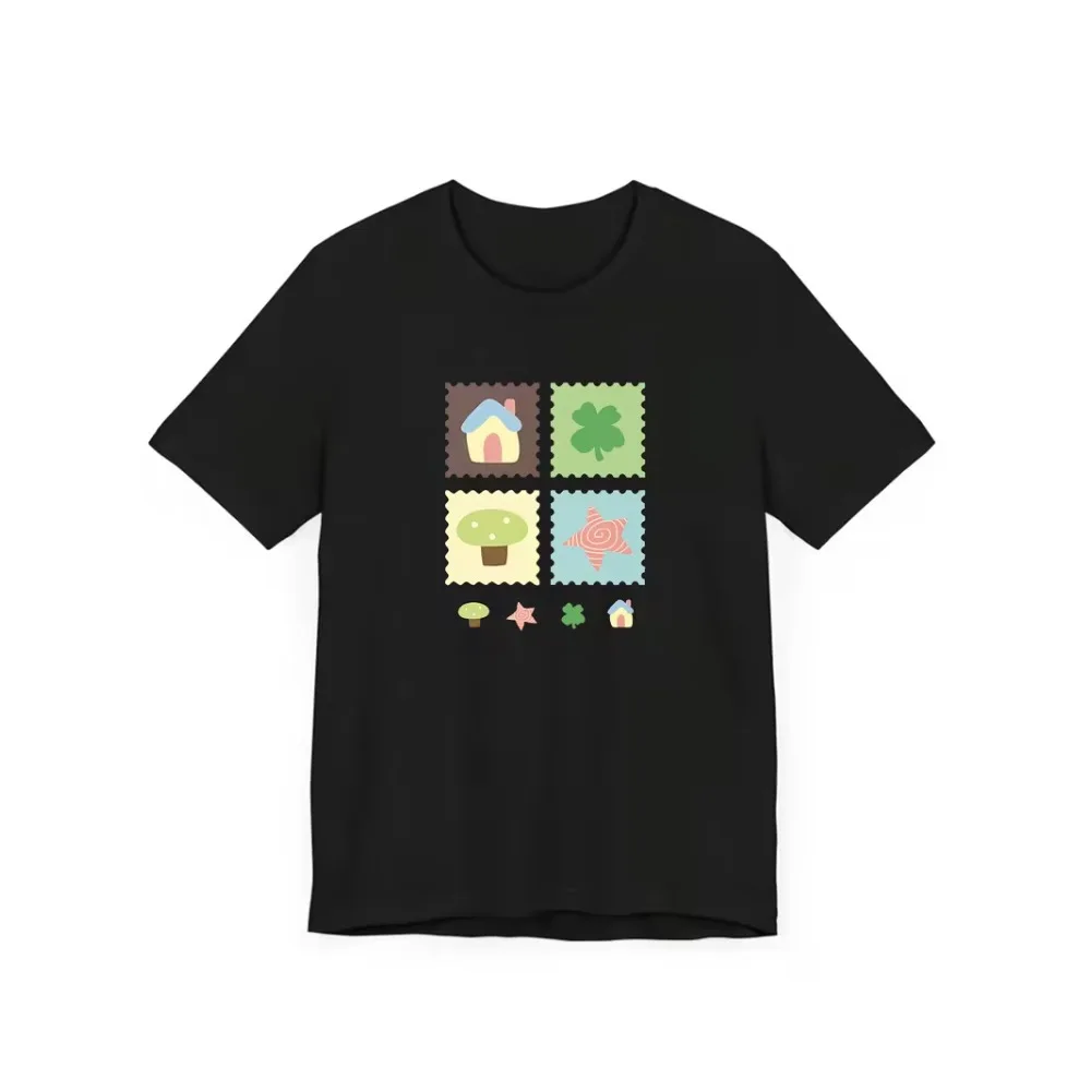 Cute Stamp Style House Mushroom Clover Star Graphic T-Shirt Spring Summer Casual Short Sleeve Daily Wear Top for Women