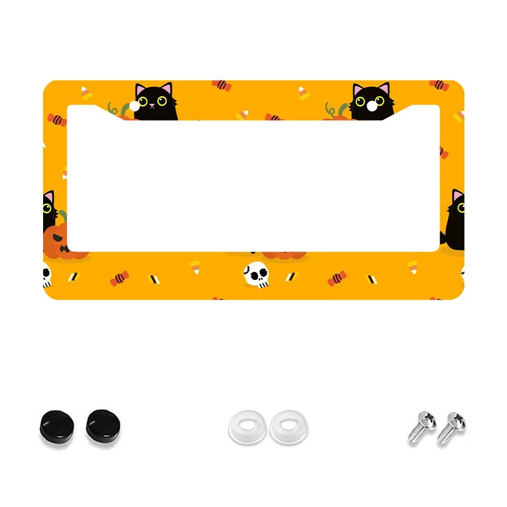 

1pc Orange Colorful Halloween Cat Pumpkin Pattern 2 Hole License Plate Frame, Aluminum Material, 6x12 Inches, with Screw Kit, F