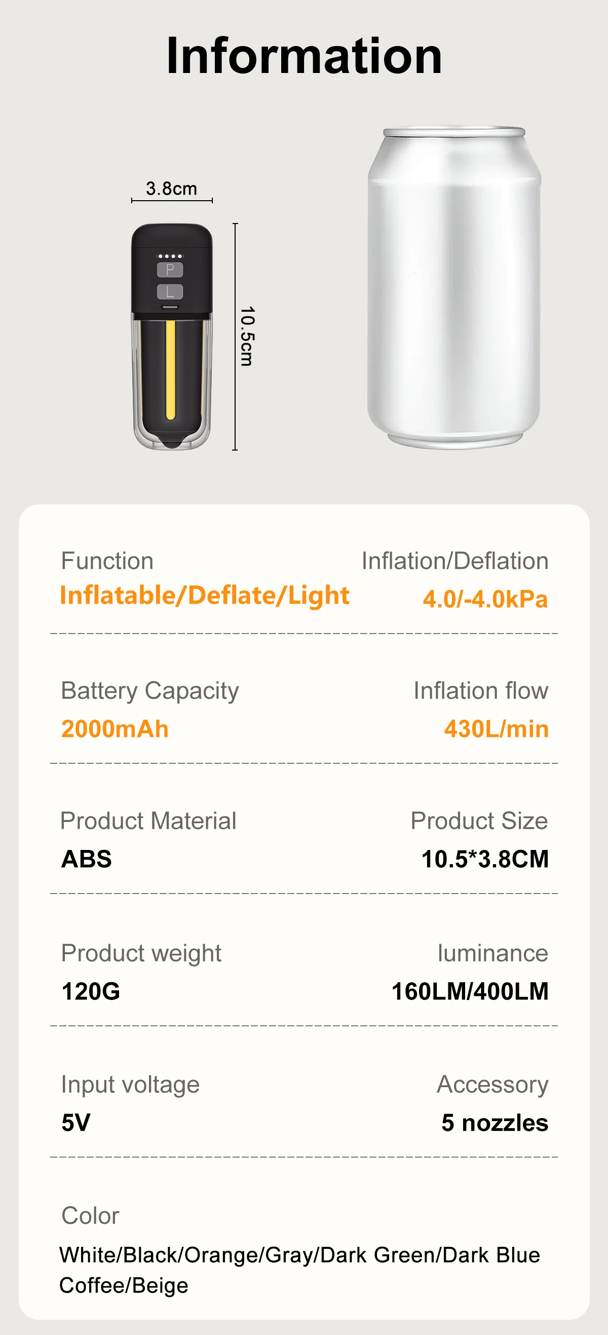 NEUE Tragbare Luftpumpe für Aufblasbare Gegenstände 430L/min Ultraschnelle Luftmatratzenpumpe, 2000 mAh Akku & Campinglampe, Elektrische Luftpumpe – Detail 14