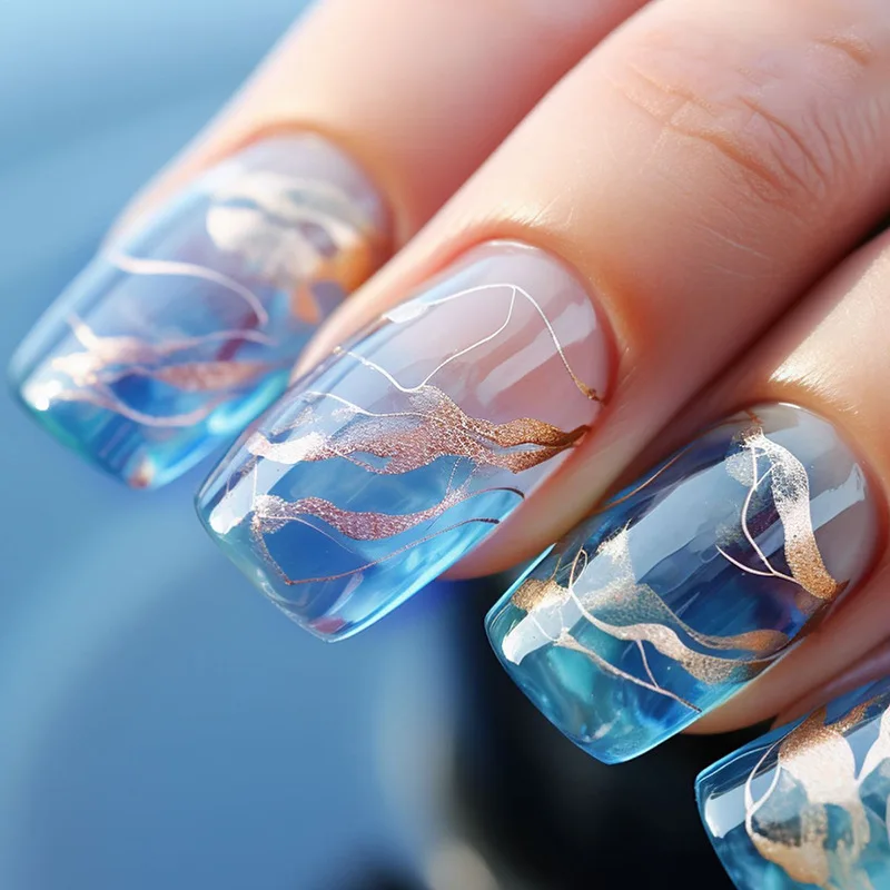 

24Pcs Long Coffin Press-on Nails: Icy Blue Smudge with Gold Foil Lines - Euro-Chic & Refreshing False Nail For Women Girl