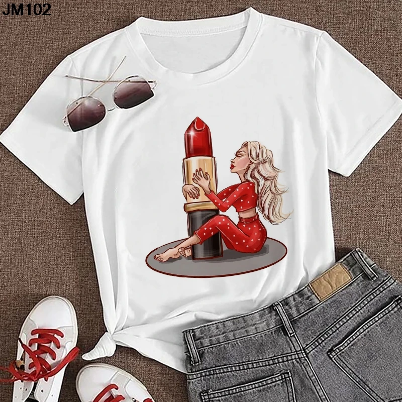 Summer New Women Tshirt Fashion Maiden Embrace Lipstick Print T Shirt Harajuku Korean Short Sleeve White Tops Tee Female T-shirt