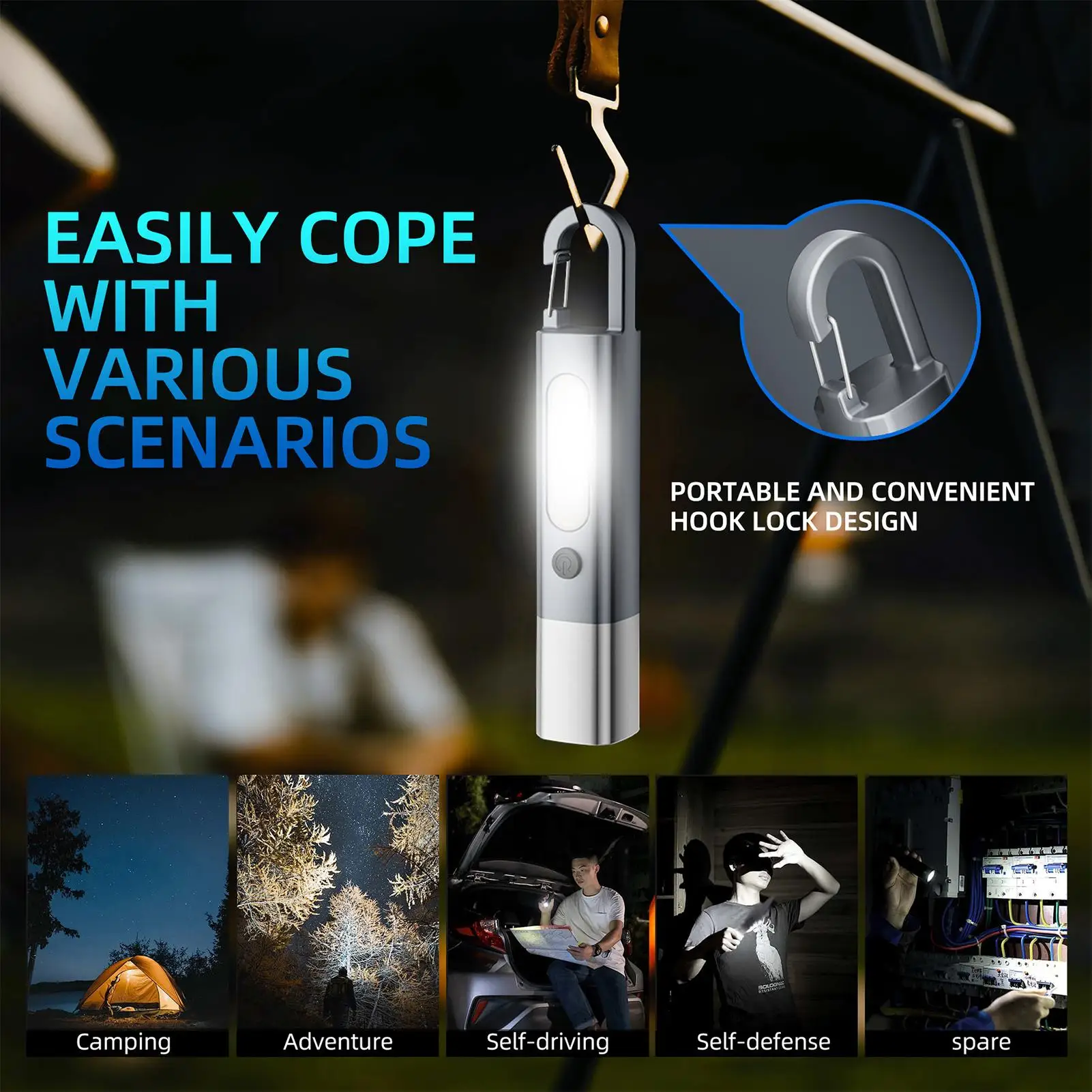 LED Handheld Flashlights Powerful Travel Flashlight with Hook Rechargeable Pocket LED Torch with 1200 MAh Battery for Reading