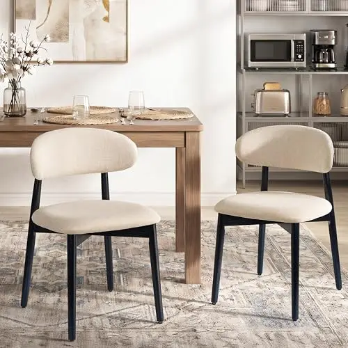 Wooden Dining Chairs Set of 2, Modern Farmhouse Linen Fabric Upholstered Kitchen Chairs with Curve Back, Mid-Century
