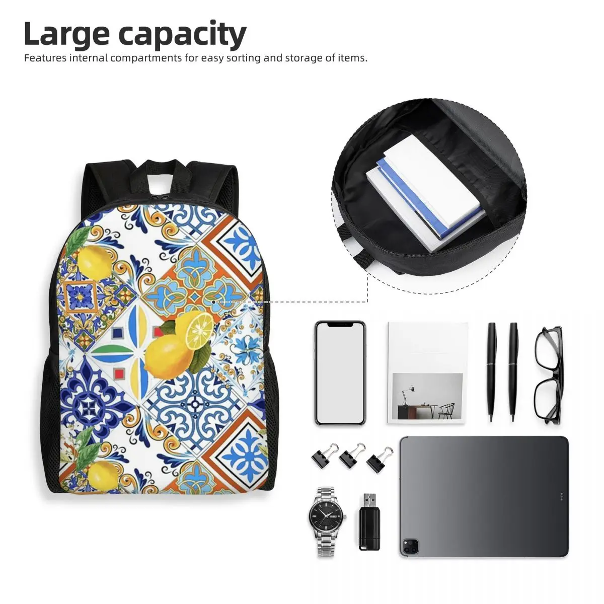 Mediterranean Tiles And Lemon Backpack Student Boys Girls BookBag School Bag Laptop Shoulder Bags