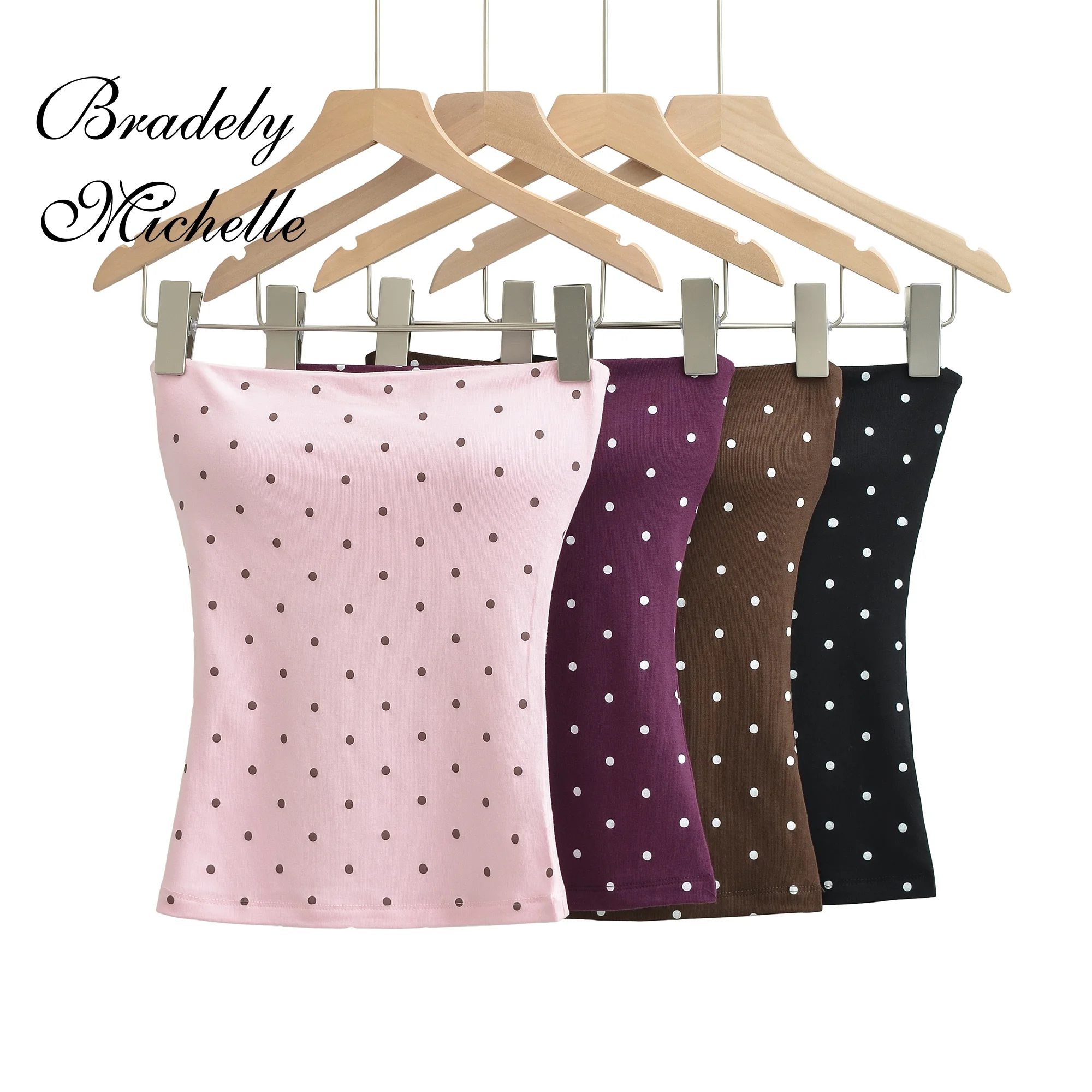 

Women Polka Dot 2 Piece Outfit Lace Waist Strapless Tube Top High Waist Flare Pants Set Y2K Casual Matching Suit